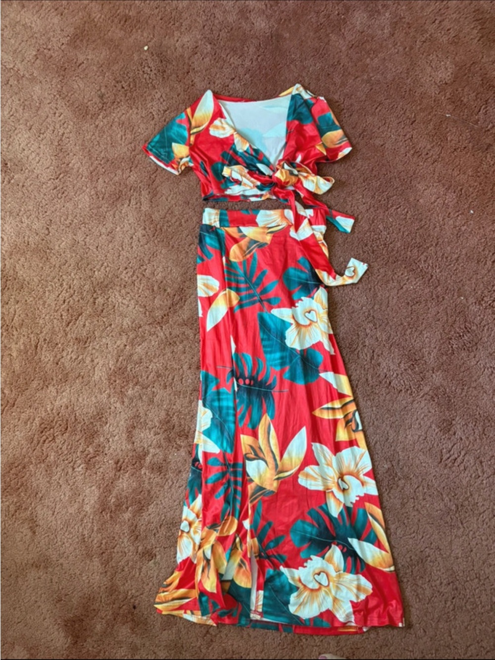Amazon Red Tropical Floral Wrap Maxi Dress
